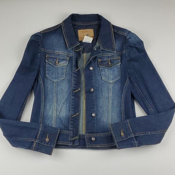 Fishbone Jeans Denim Jacket Faded Distressed Jeweled Button Long Sleeve Large - Picture 1 of 5